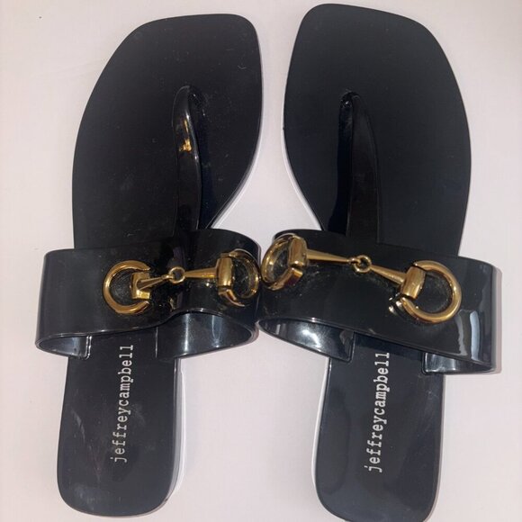 Jeffrey Campbell A Lil Bit Natural Horse Bit Buckle Gold Flat Thong Sandals 8 - Picture 3 of 6